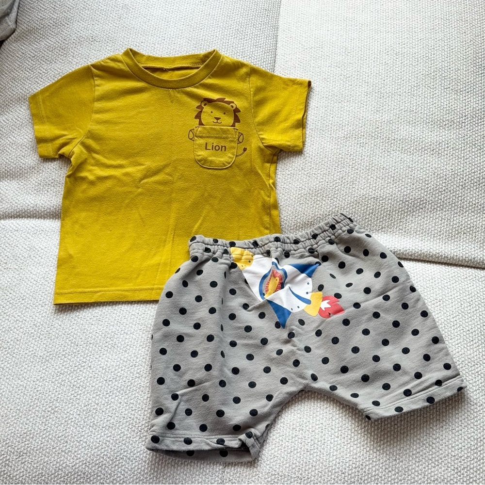 Yellow Lion T-Shirt and Polka Dot Rocket Shorts Kids Set